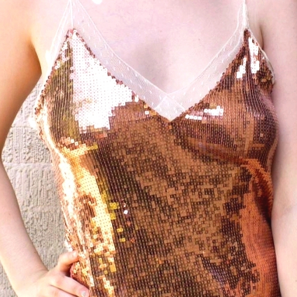 EUC  Free People Lace &  Sequin, Spaghetti Strap Tank Top in Rose-Gold